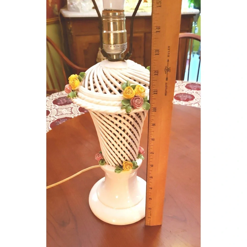 Vintage Capodimonte Table Lamp Red & Yellow Porcelain Heritage Roses Weave Trim